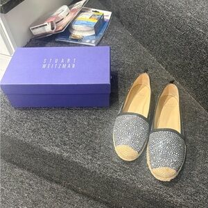 Stuart Weitzman Navy Jeweled Espadrille Slip-Ons